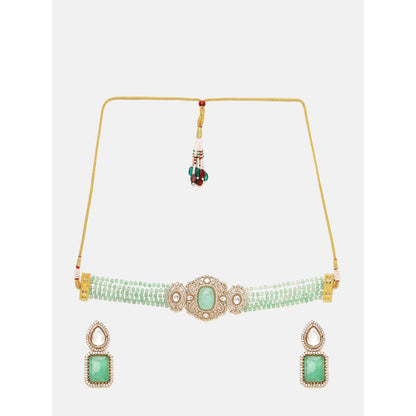 Ruby Raang Studio Green Stone and Mossanite Choker Jewellery Set