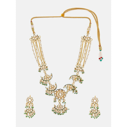 Ruby Raang Studio White and Green Beads Kundan Jewellery Set