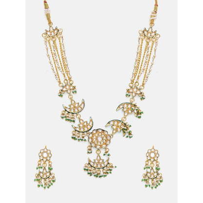 Ruby Raang Studio White and Green Beads Kundan Jewellery Set
