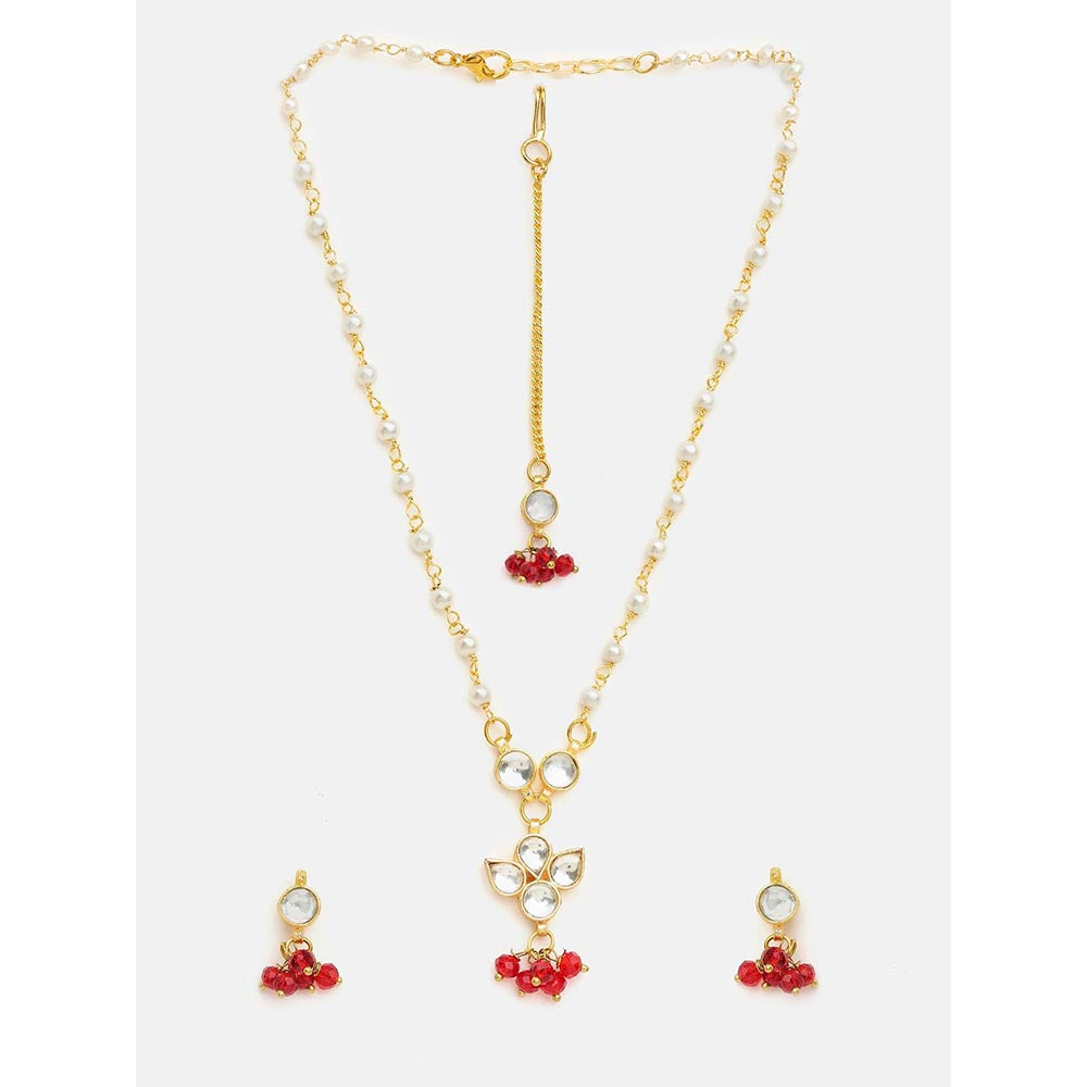 Ruby Raang Studio Womens Red Kundan Necklace with Earrings and Maang Tikka