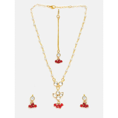 Ruby Raang Studio Womens Red Kundan Necklace with Earrings and Maang Tikka