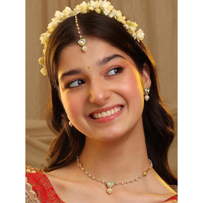 Ruby Raang Studio Womens White Kundan Necklace with Earrings and Maang Tikka