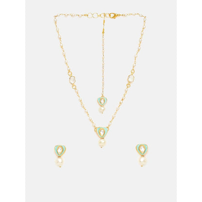 Ruby Raang Studio Womens White Kundan Necklace with Earrings and Maang Tikka