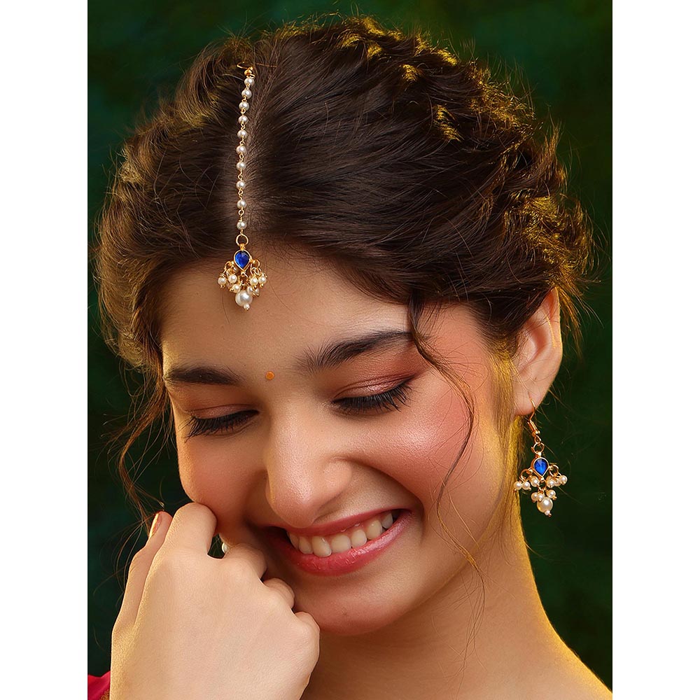 Ruby Raang Studio Womens Blue Kundan Maan Tikka with Earrings