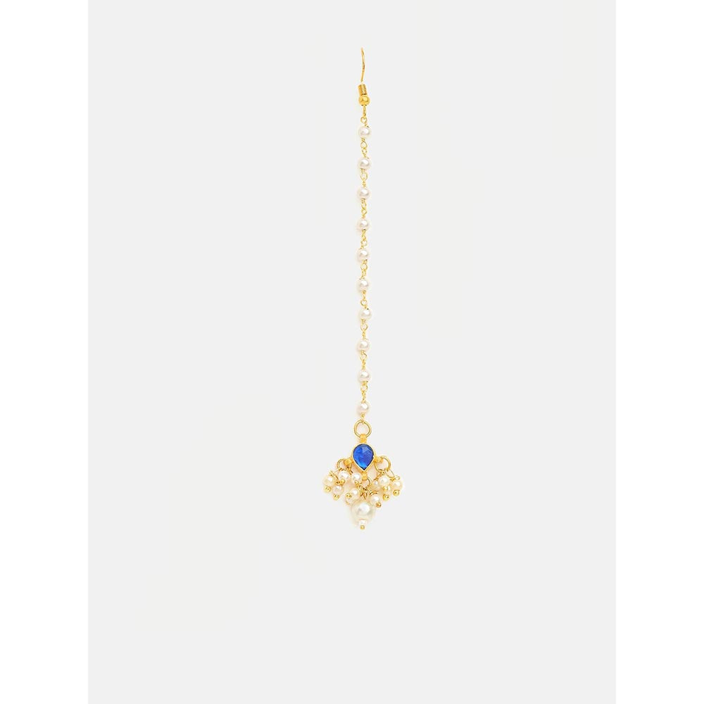 Ruby Raang Studio Womens Blue Kundan Maan Tikka with Earrings
