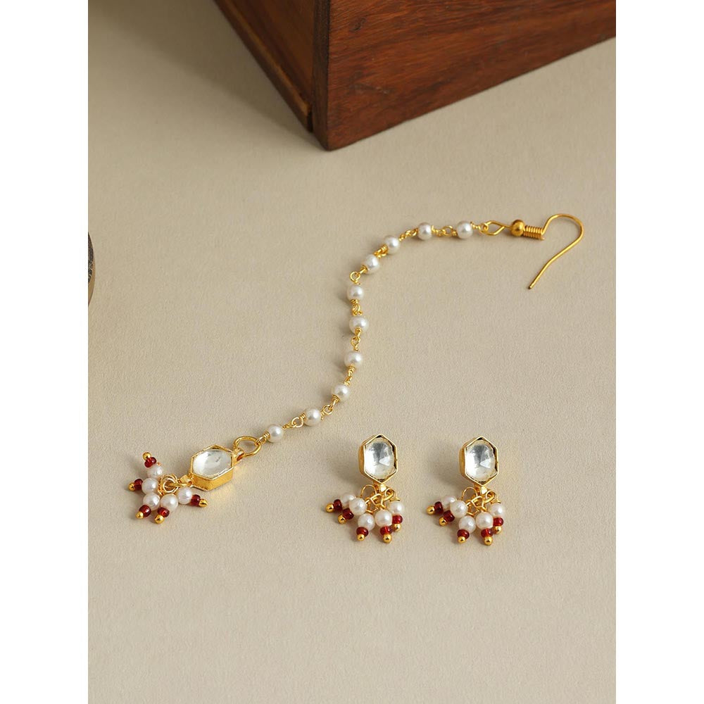 Ruby Raang Studio Womens White Kundan Maang Tikka with Earrings