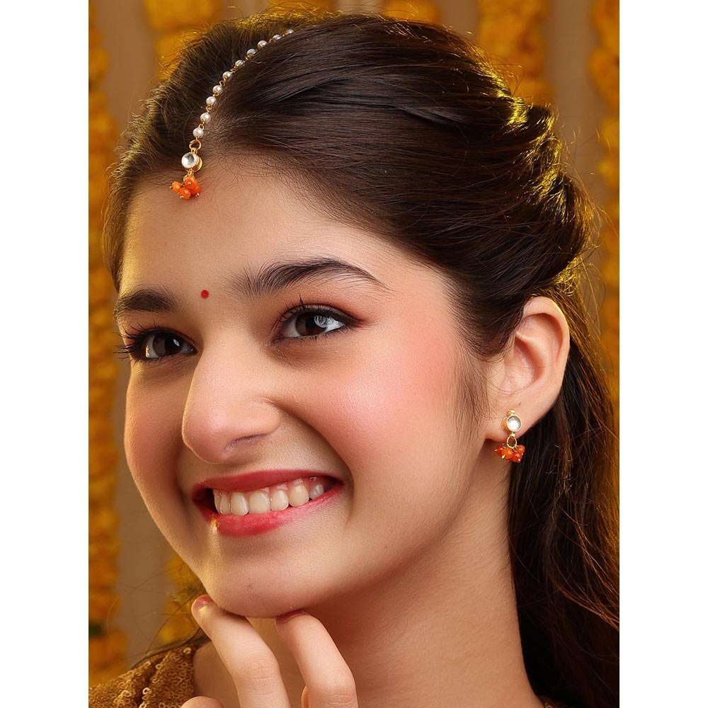 Ruby Raang Studio Orange Embedded Maang Tikka with Earrings