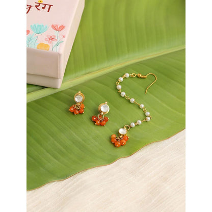 Ruby Raang Studio Orange Embedded Maang Tikka with Earrings