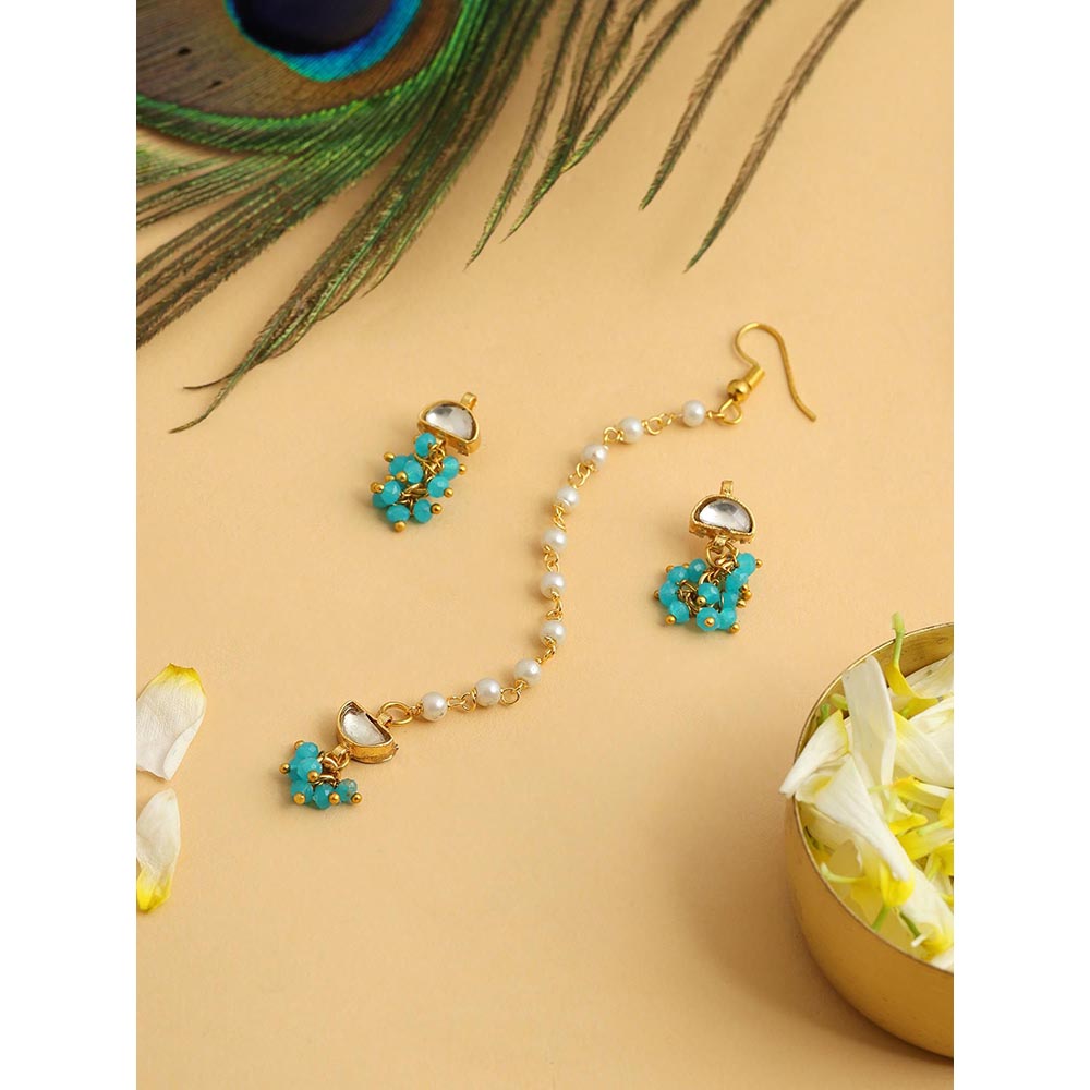 Ruby Raang Studio Semi-Circle Gold Blue Earrings With Maang Tikka