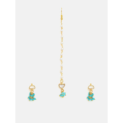 Ruby Raang Studio Semi-Circle Gold Blue Earrings With Maang Tikka