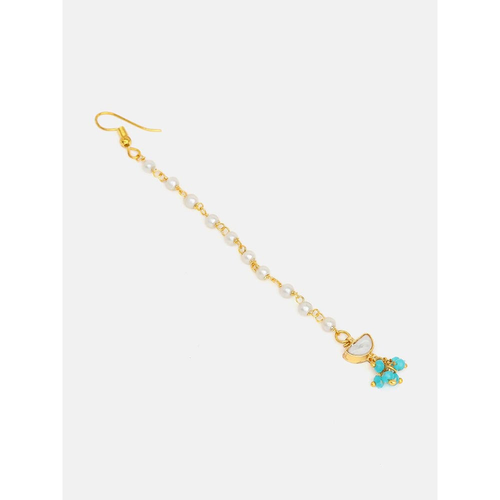 Ruby Raang Studio Semi-Circle Gold Blue Earrings With Maang Tikka
