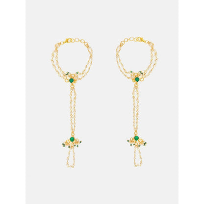 Ruby Raang Studio Green White Kundan Pearls Hand Harness