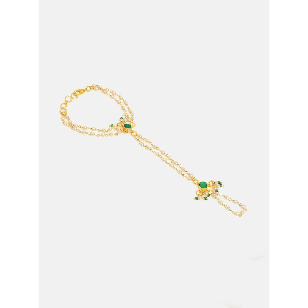 Ruby Raang Studio Green White Kundan Pearls Hand Harness