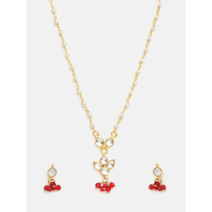 Ruby Raang Studio Kundan Pearl Beaded Red Necklace with Earrings