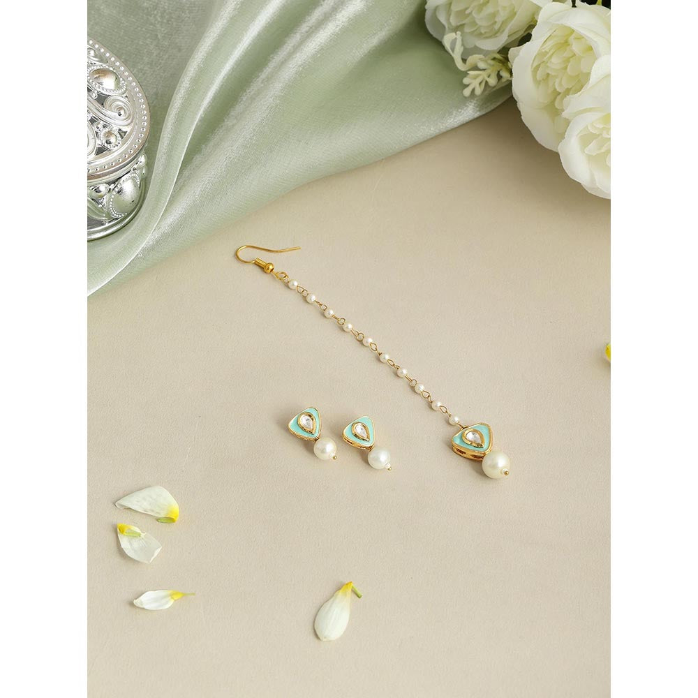 Ruby Raang Studio Saanjh Pearl Kundan Blue Earrings with Maang Tikka