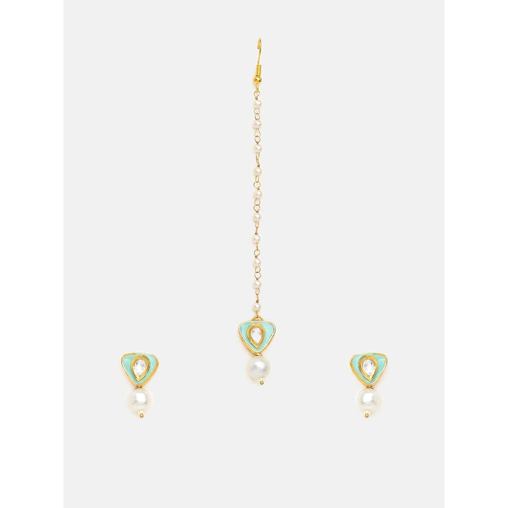 Ruby Raang Studio Saanjh Pearl Kundan Blue Earrings with Maang Tikka