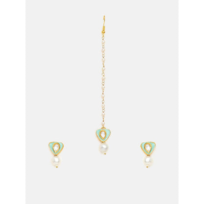 Ruby Raang Studio Saanjh Pearl Kundan Blue Earrings with Maang Tikka