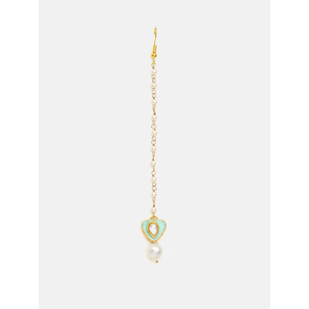 Ruby Raang Studio Saanjh Pearl Kundan Blue Earrings with Maang Tikka