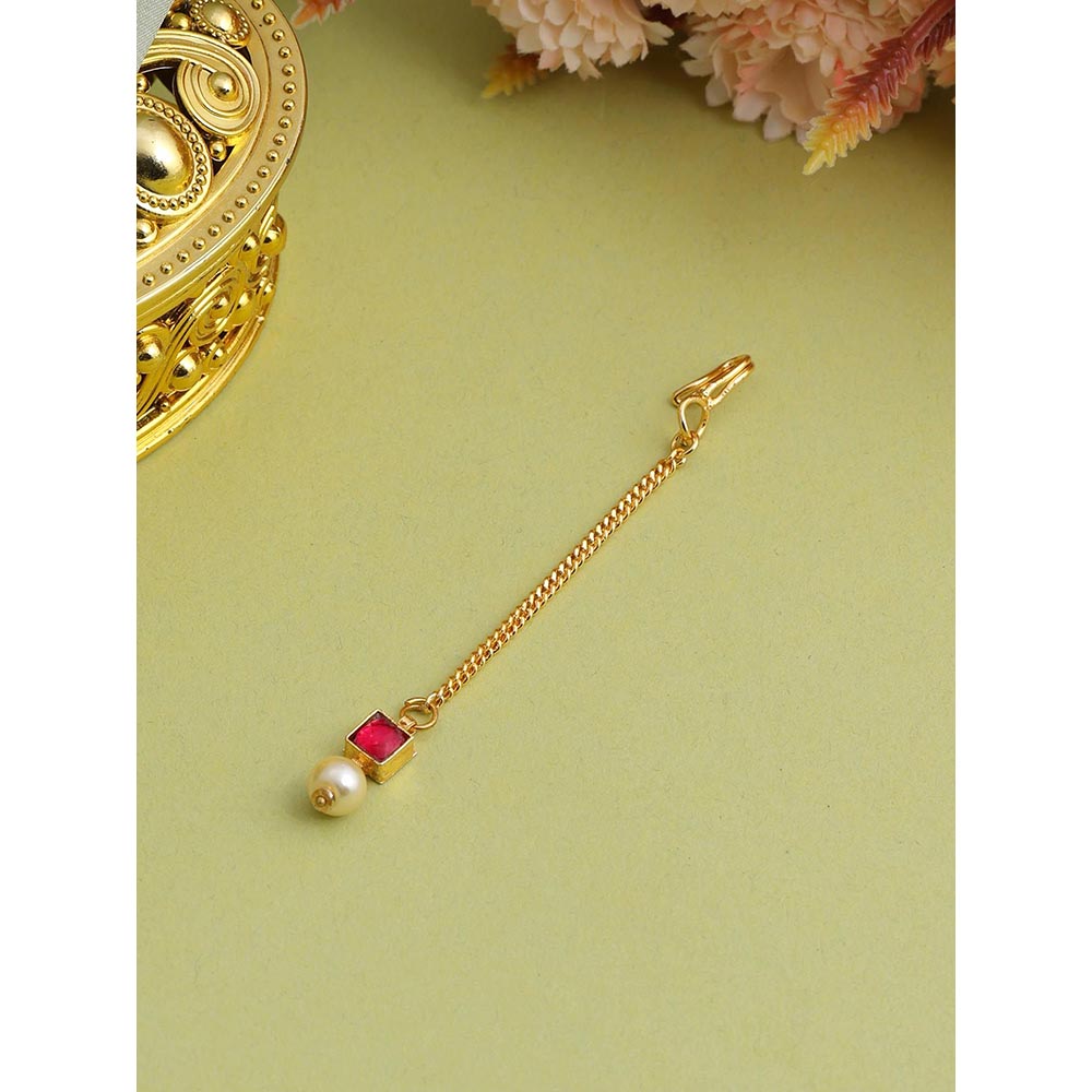 Ruby Raang Studio Crimson Drop Pearl Kundan Maang Tikka