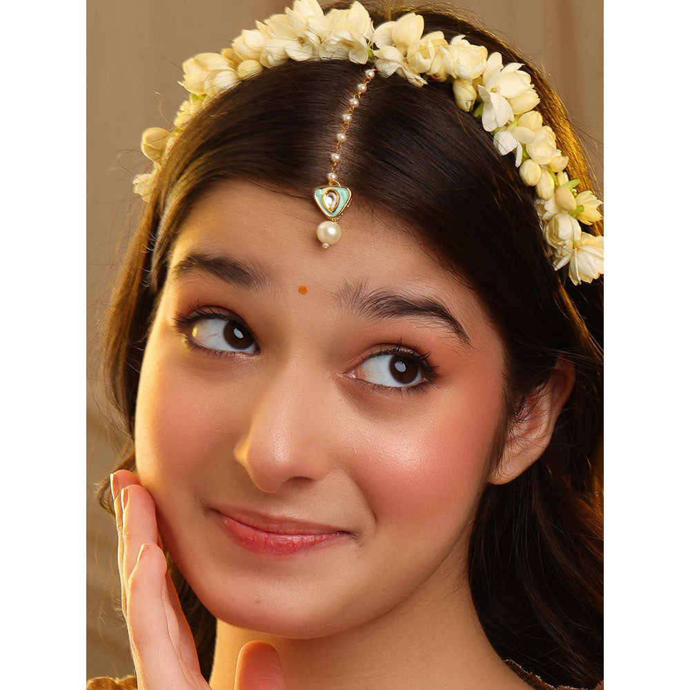 Ruby Raang Studio Pastel Green Whisper Pearl Kundan Maang Tikka