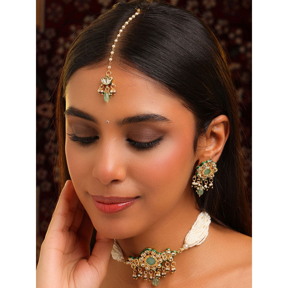 Ruby Raang Studio Green-Gold Kundan Necklace with Earrings and Maang Tikka