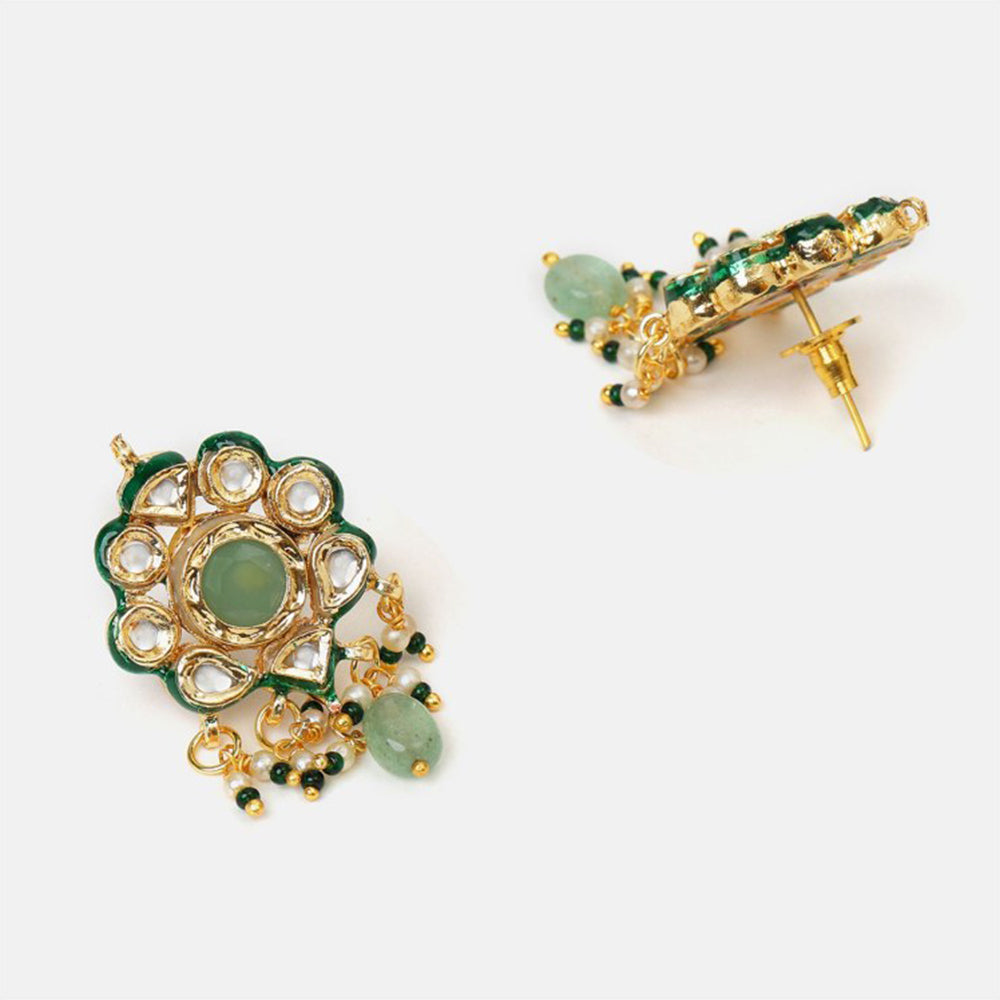Ruby Raang Studio Green-Gold Kundan Necklace with Earrings and Maang Tikka