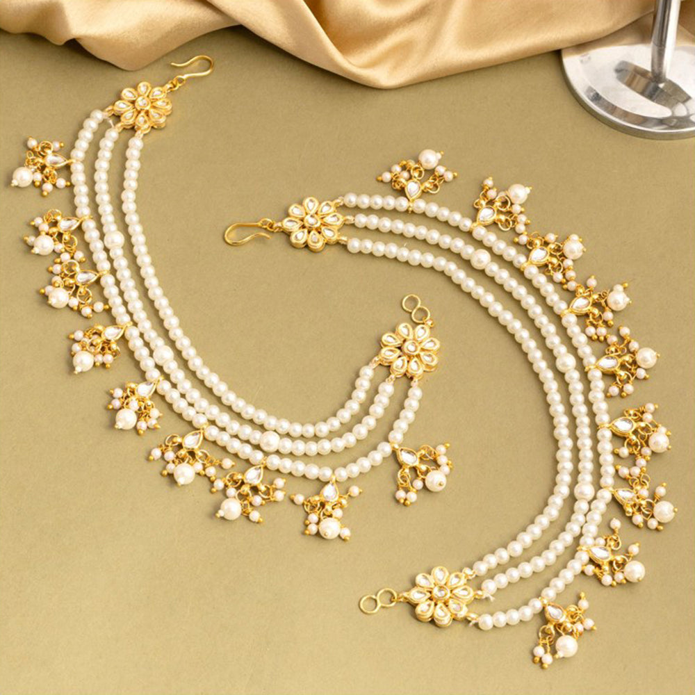 Ruby Raang Studio White 3-Layered Kundan Ear Chain