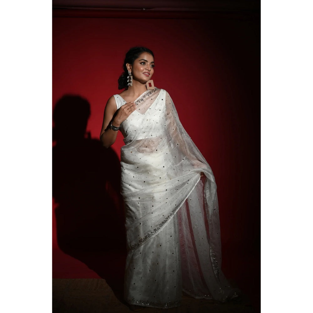 Ruhm White Banaras Sheer Saree with Stitched Blouse
