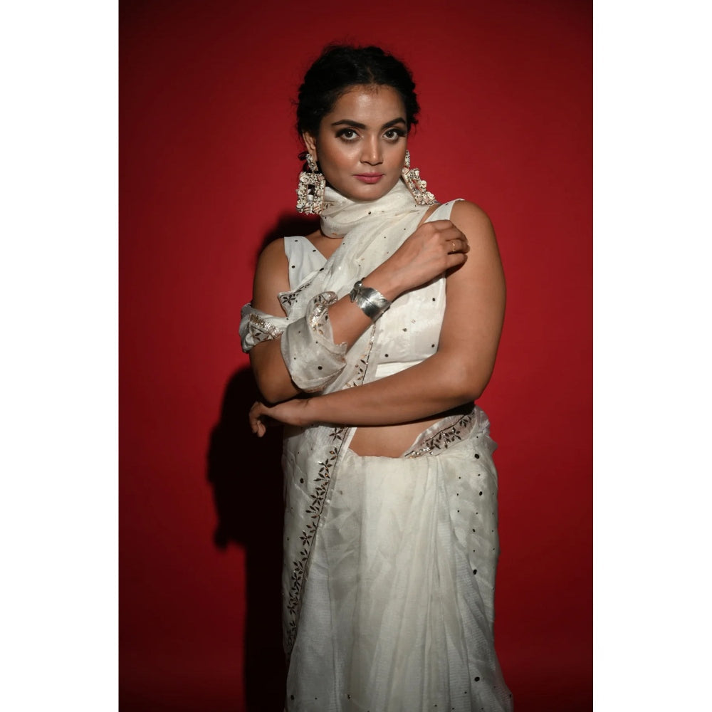 Ruhm White Banaras Sheer Saree with Stitched Blouse