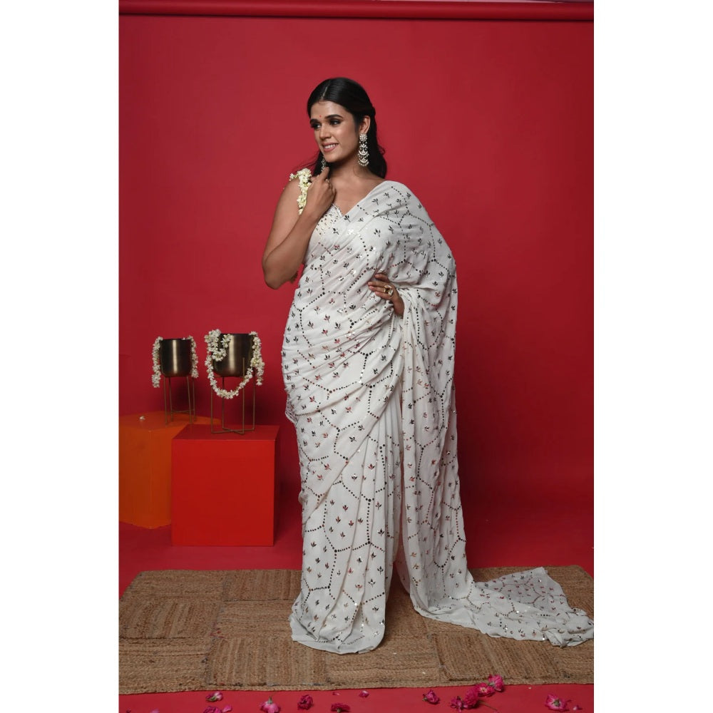 Ruhm White Moonlit Charm Saree with Stitched Blouse