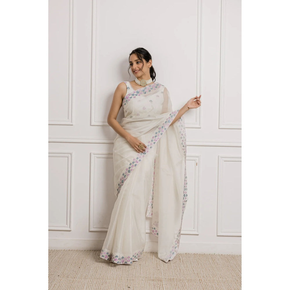 Ruhm White Glistening Sheer Saree with Stitched Blouse
