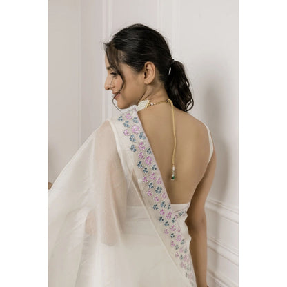 Ruhm White Glistening Sheer Saree with Stitched Blouse