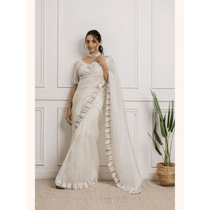 Ruhm White Floral Aura Organza Saree with Stitched Blouse