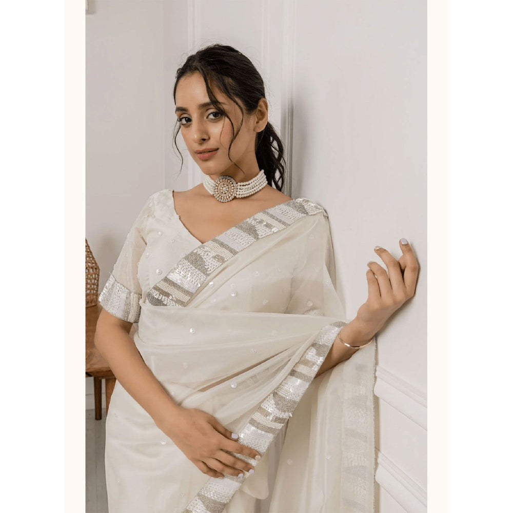 Ruhm White Floral Aura Organza Saree with Stitched Blouse