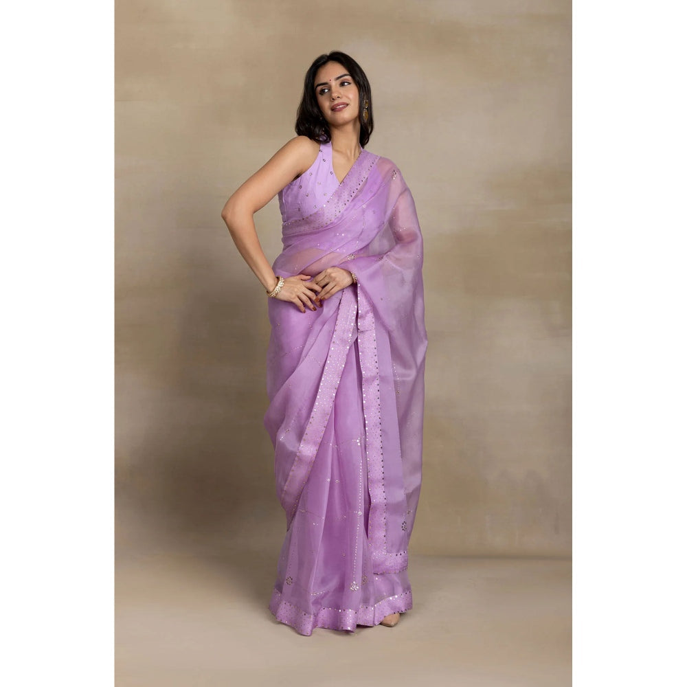 Ruhm Lavender Mukaish Organza Saree with Stitched Blouse