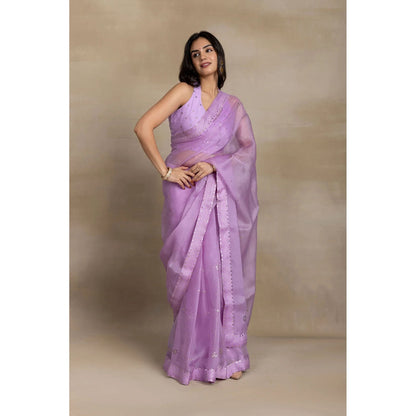 Ruhm Lavender Mukaish Organza Saree with Stitched Blouse