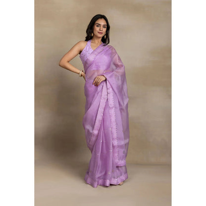 Ruhm Lavender Mukaish Organza Saree with Stitched Blouse