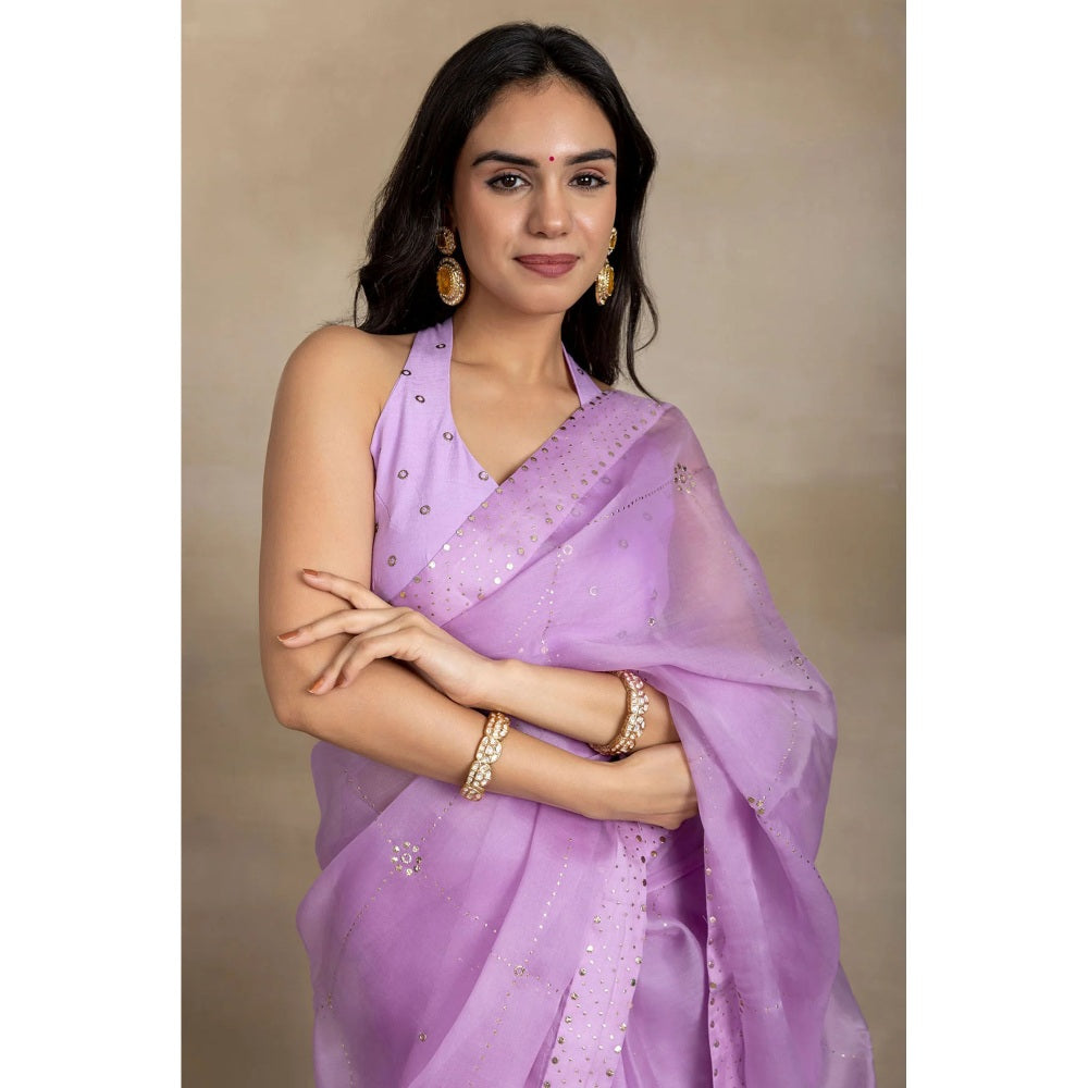 Ruhm Lavender Mukaish Organza Saree with Stitched Blouse