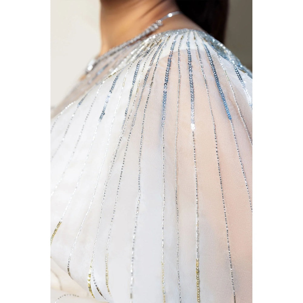 Ruhm Opulent Ivory Pearl Silk Organza Saree with Stitched Blouse