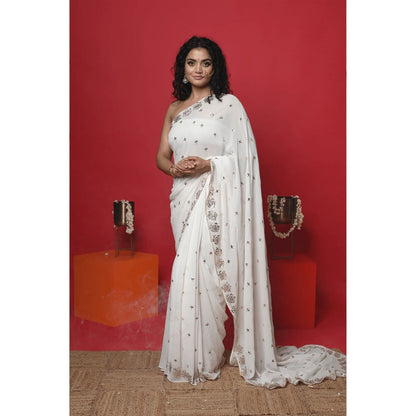 Ruhm White Pristine Pearl Saree with Stitched Blouse
