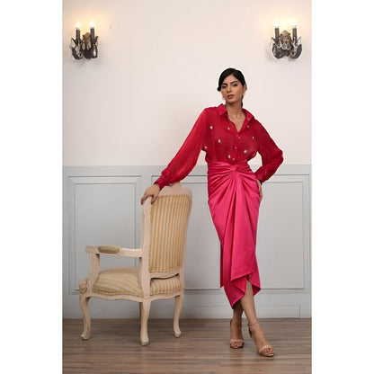 Ruhm Fuchsia Satin Dress with Intricate Handwork