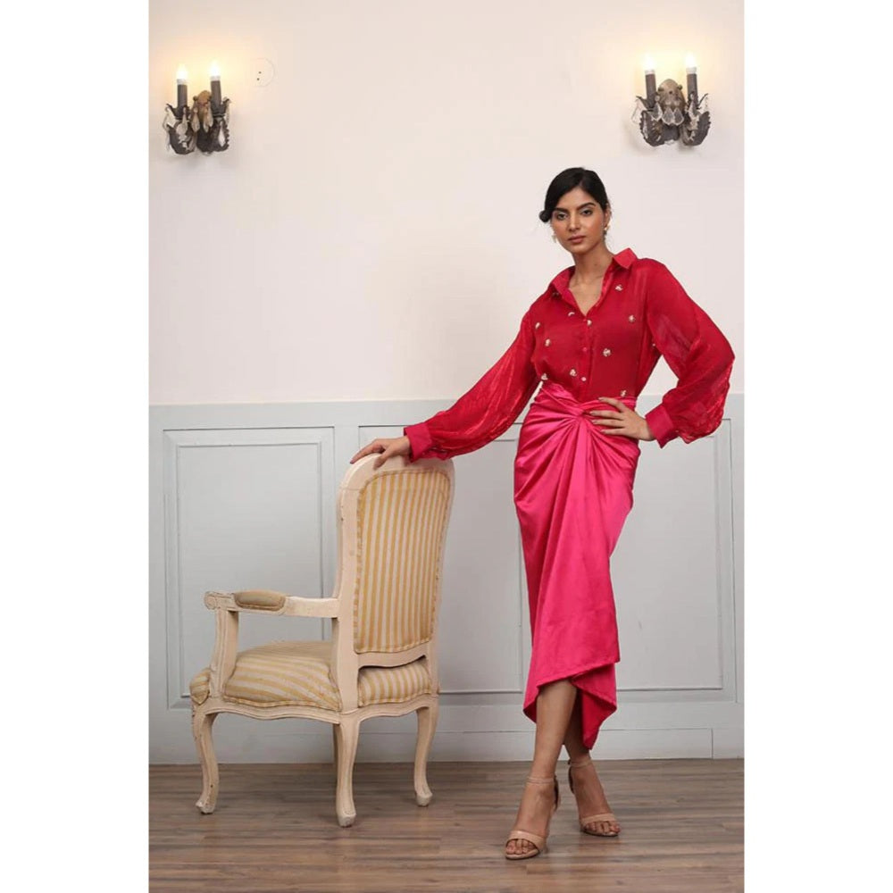 Ruhm Fuchsia Satin Dress with Intricate Handwork
