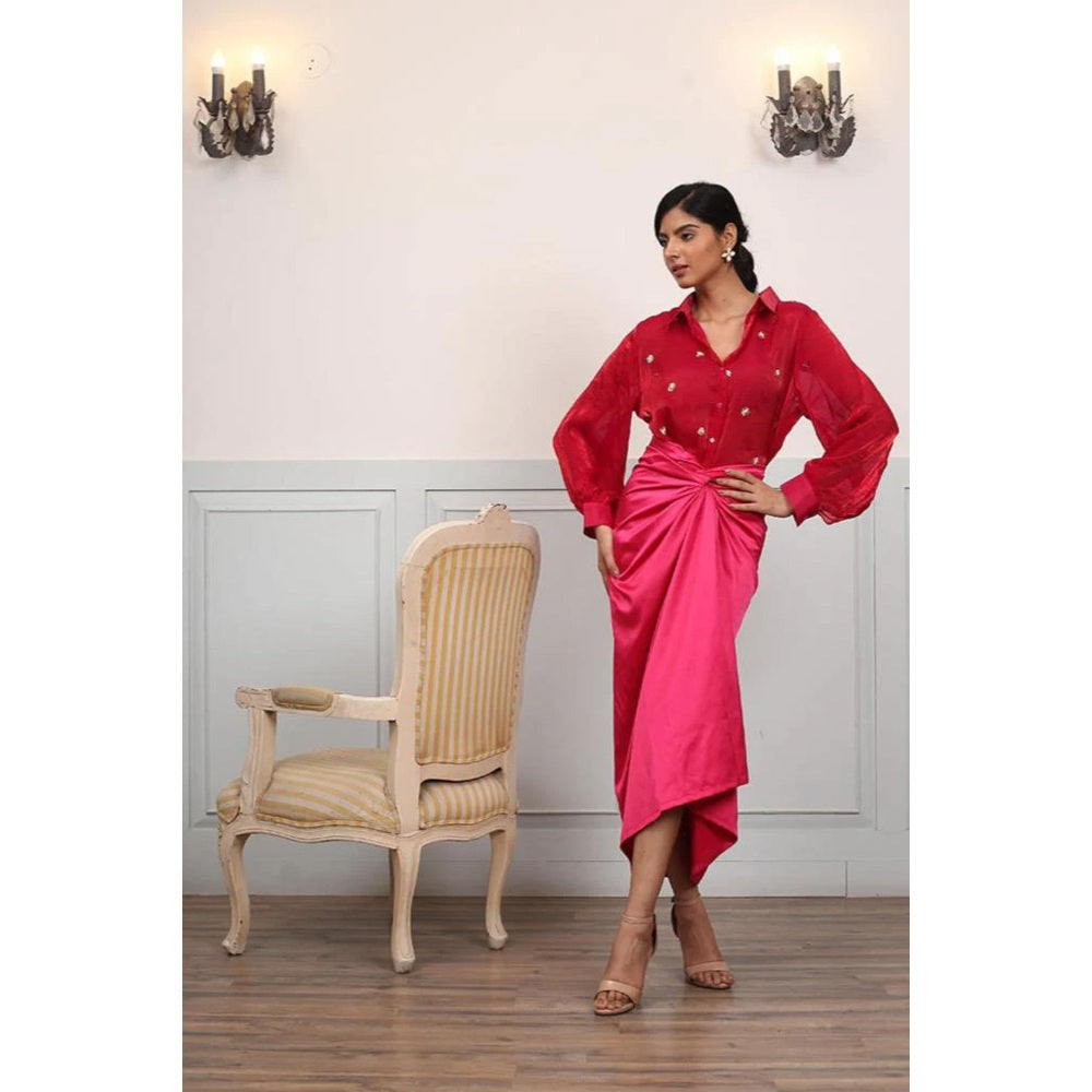 Ruhm Fuchsia Satin Dress with Intricate Handwork