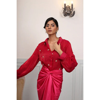 Ruhm Fuchsia Satin Dress with Intricate Handwork