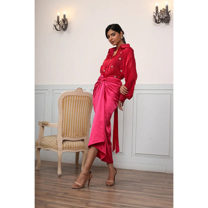 Ruhm Fuchsia Satin Dress with Intricate Handwork