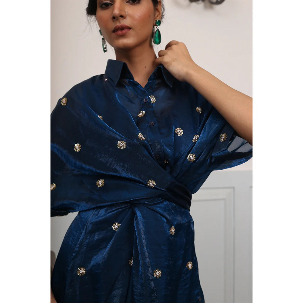 Ruhm Stunning Teal Blue Handwork Drape-Style Dress