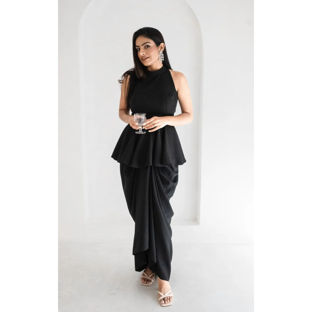 Ruhm Black Gown with Cutouts and Feather Sleeves