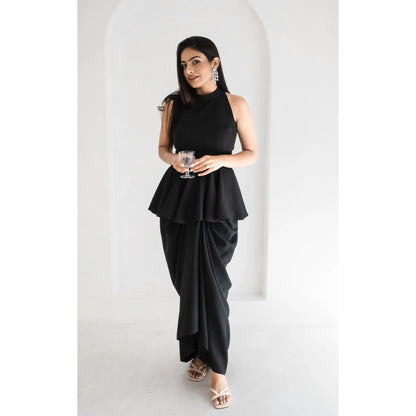Ruhm Black Gown with Cutouts and Feather Sleeves