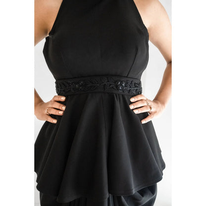 Ruhm Black Gown with Cutouts and Feather Sleeves