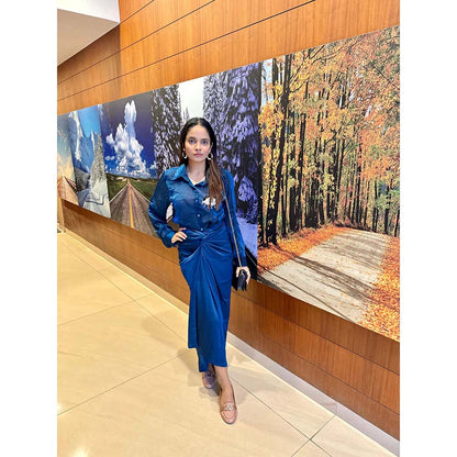 Ruhm Teal Satin Wrap Skirt with Denim Shirt Combo